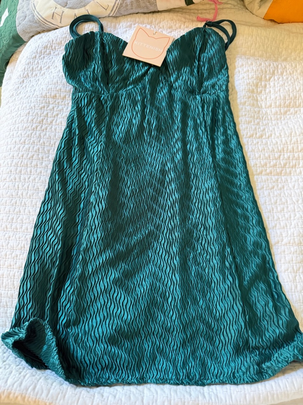 Kittenish Teal Wave-Textured Mini Dress